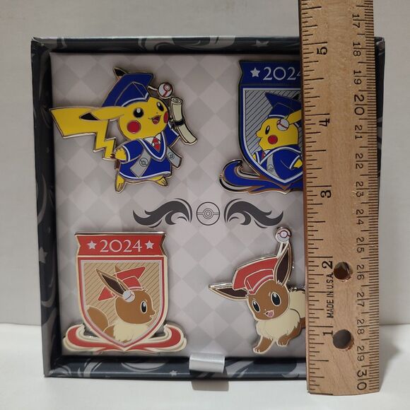 Pokemon TCG Pikachu & Eevee 2024 Graduation Hat And Enamel Pins Set Of 4 - Picture 3 of 10